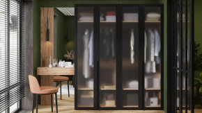 Спальный гарнитур «Порто» №4 Яблоня Беллуно/Графит/Стекло сатин черное в Советском - sovetskij.mebel-tymen.ru | фото